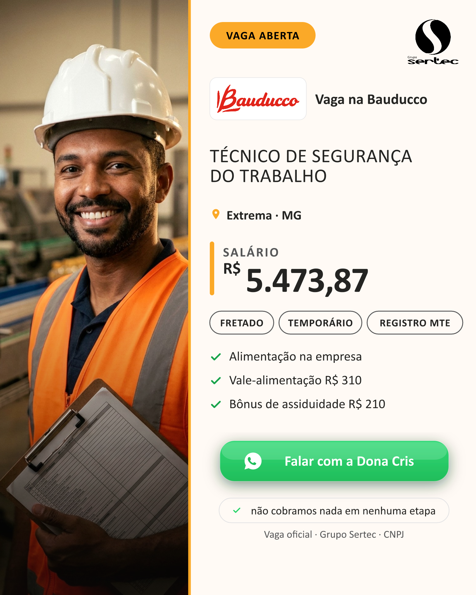 WhatsApp — Técnico de Segurança do Trabalho · Bauducco · R$ 5.473,87